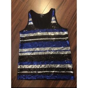 Ecko Unlimited women’s small tank top with sequin stripes, blue silver and black